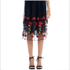 Gianni Bini Skirt Midi Black Tulle with Roses- Charlene Rose Embroidered